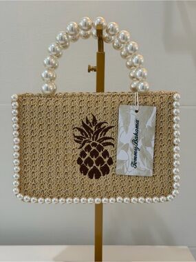 Tommy Bahama Natural Straw Tote with Pearl Handle and Brown Pineapple NEW w tags